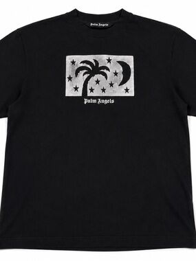 Palm Angels Black Tee with Silver Palm & Moon Graphic